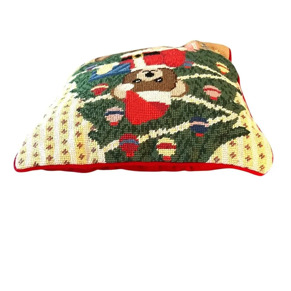 NEW Vintage Needlepoint Velvet Christmas Santa Bear Pillow BM JABARA 1779-19